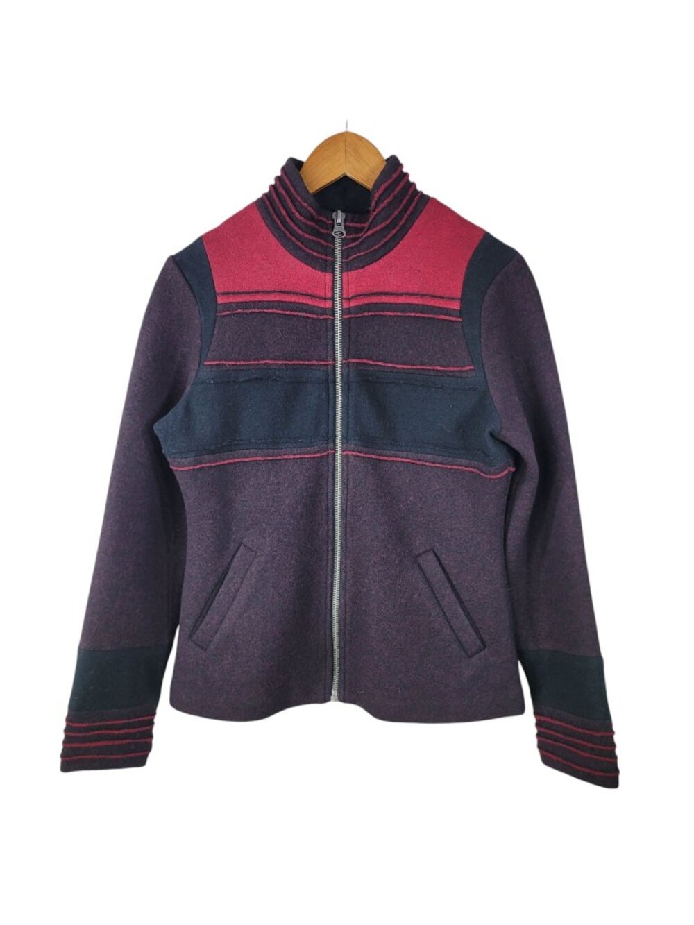 Icelandic Design 100% Wool Cardigan Sweater Full Zip Front Small Stripe Purple
